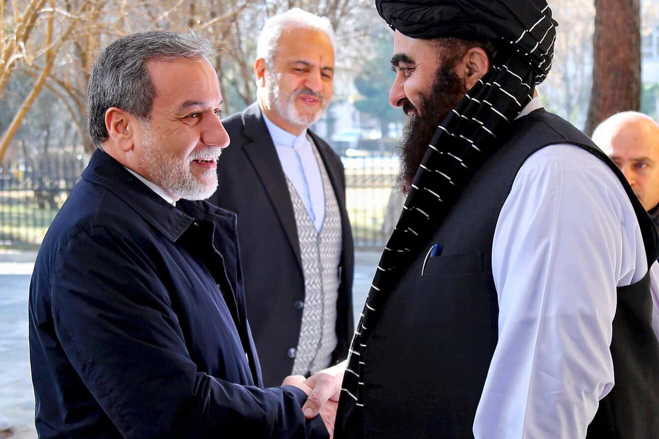 Iranian Foreign Minister Abbas Araghchi (left) meets with his Afghan counterpart, Amir Khan Muttaqi, at the foreign ministry in Kabul on Jan. 26, 2025. Photo by Afghan Ministry of Foreign Affairs/AFP via Getty Images.