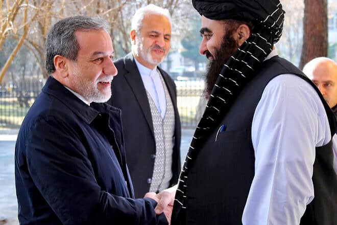 Iranian Foreign Minister Abbas Araghchi (left) meets with his Afghan counterpart, Amir Khan Muttaqi, at the foreign ministry in Kabul on Jan. 26, 2025. Photo by Afghan Ministry of Foreign Affairs/AFP via Getty Images.