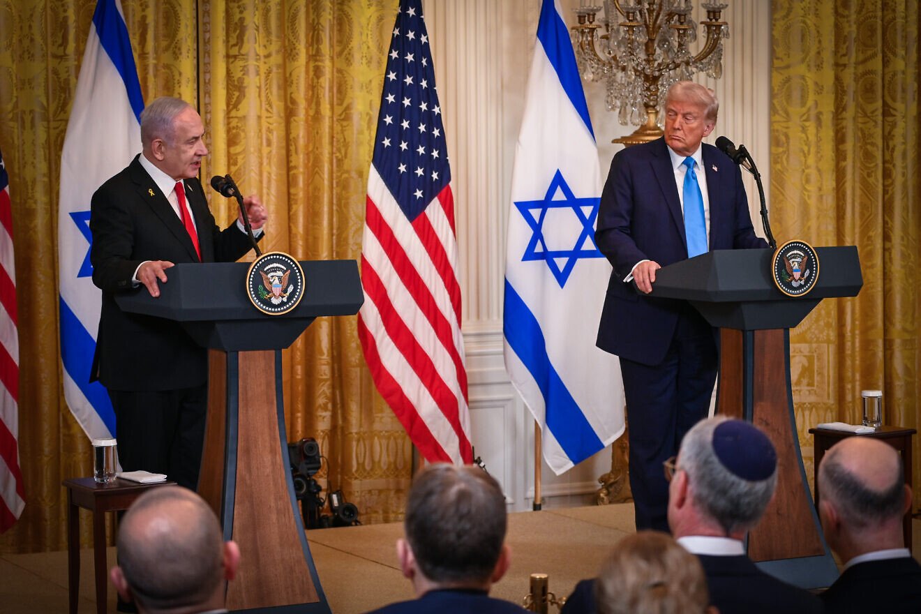 Israeli Prime Minister Benjamin Netanyahu and U.S. President Donald Trump hold a press conference at the White House in Washington, Feb. 4, 2025. Photo by Liri Agami/Flash90.