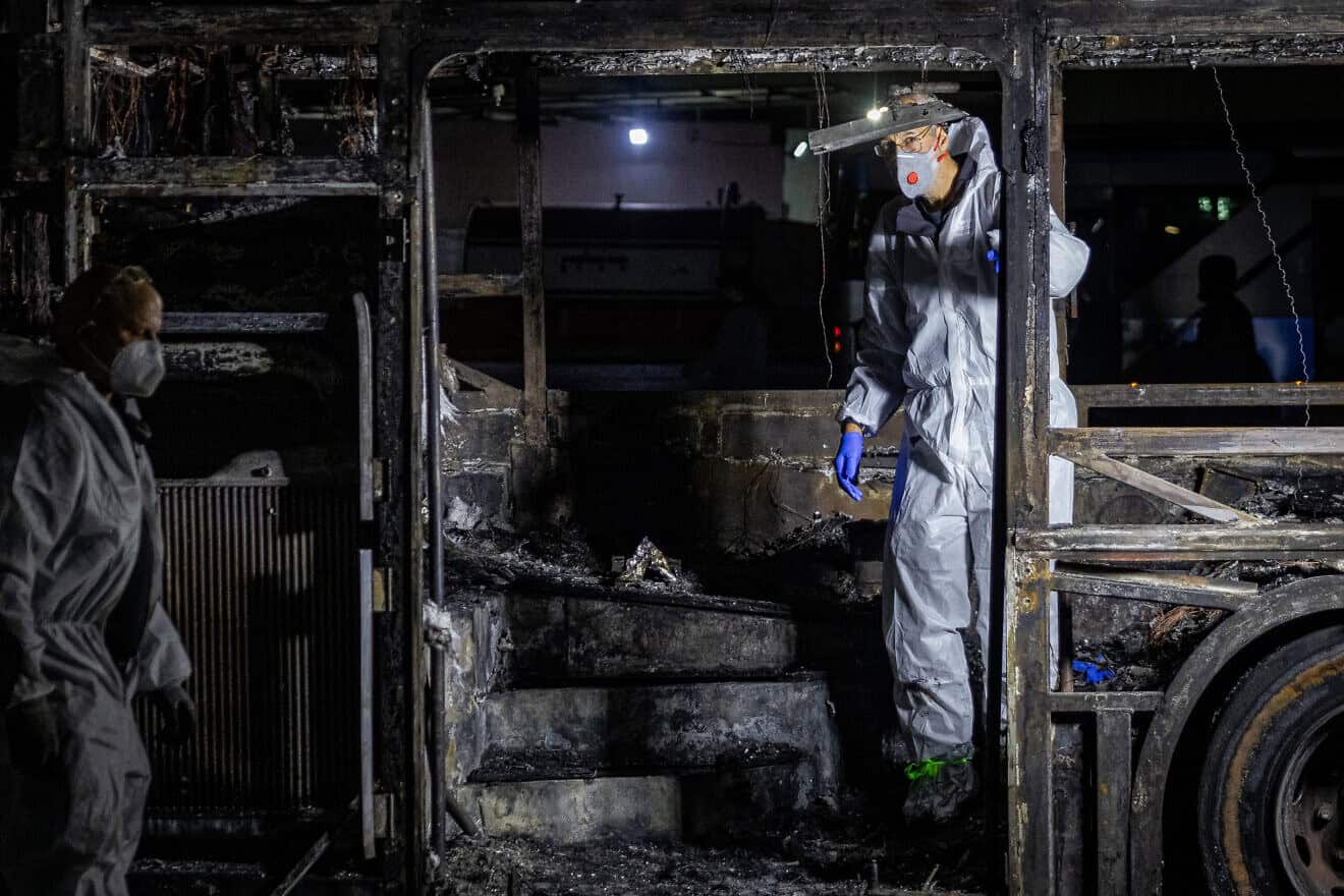 Israeli security forces at the scene of a bus bombing, in Bat Yam, central Israel, Feb. 20, 2025. Photo by Chaim Goldberg/Flash90.