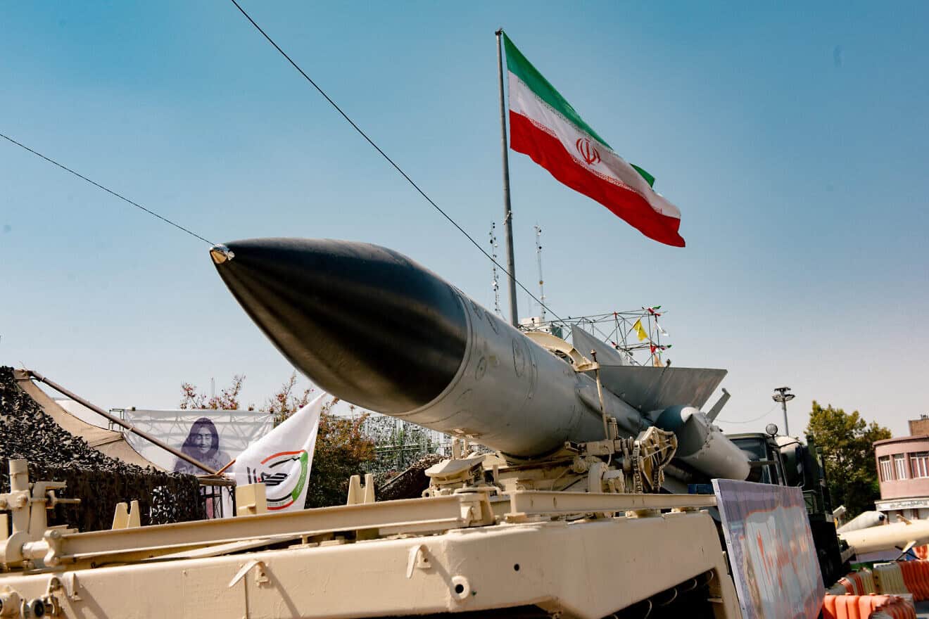 An S-200 surface-to-air missile system is on display as heavy weaponry, including ballistic missiles, air defense systems and unmanned aerial vehicles, are showcased during an exhibition in Baharestan Square in Tehran, Sept. 26, 2024. Photo by Hossein Beris/Middle East Images/AFP via Getty Images.