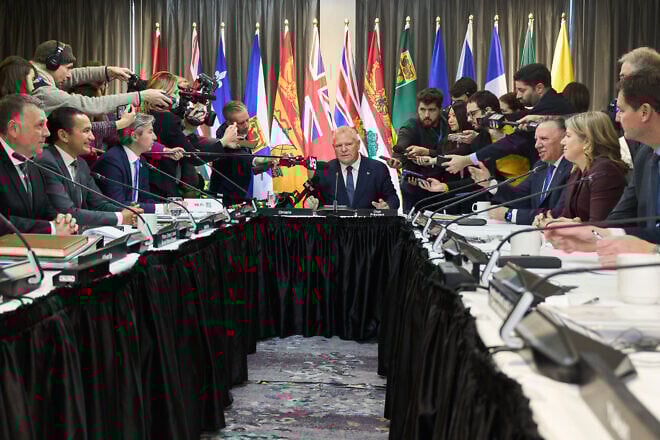 Ontario Premier Doug Ford speaks to the media during a photo opportunity at Canada's Premiers Conference in Toronto, Ontario, Dec. 16, 2024. Credit: Geoff Robins/AFP via Getty Images.