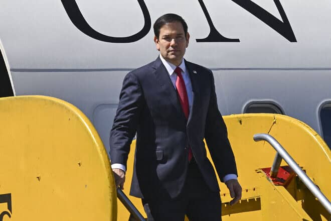 U.S. Secretary of State Marco Rubio deplanes at La Aurora International Airport in Guatemala City, Guatemala, on Feb. 4, 2025. Photo by Johan Ordonez/AFP via Getty Images.