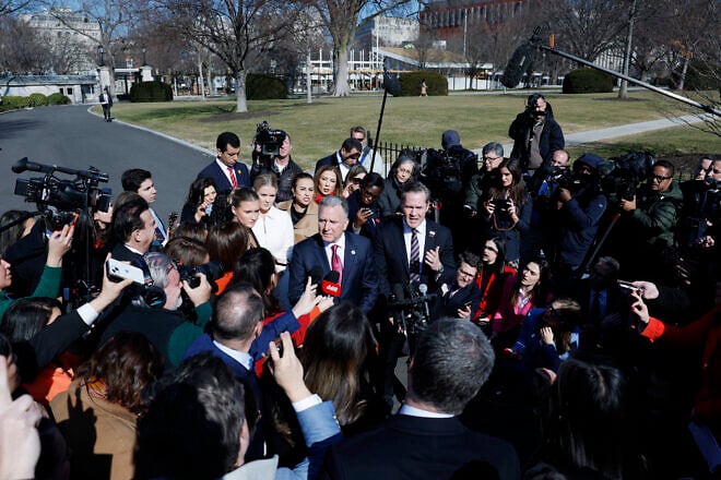 Steve Witkoff, the U.S. special envoy to the Middle East, and Mike Waltz, the U.S. national security advisor, speak to reporters outside of the West Wing of the White House on Feb. 4, 2025. Photo by Anna Moneymaker/Getty Images.
