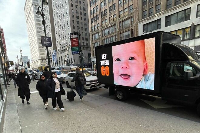 Image of a Consulate General of Israel in New York mobile ad campaign marking 500 days of hostages in Gaza, Feb. 18, 2025. Credit: Consulate General of Israel in New York.