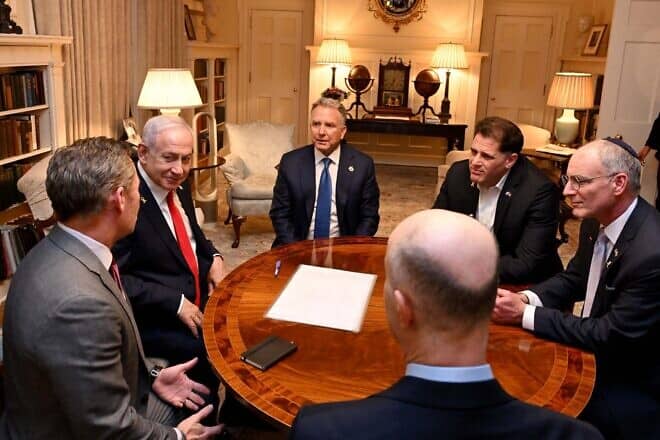 Israeli Prime Minister Benjamin Netanyahu, U.S. special envoy to the Middle East Steve Witkoff, and other senior officials during a meeting in Washington to discuss the continuation of the Gaza ceasefire and hostage release deal, Feb. 3, 2025. Photo by Avi Ohayon/GPO.