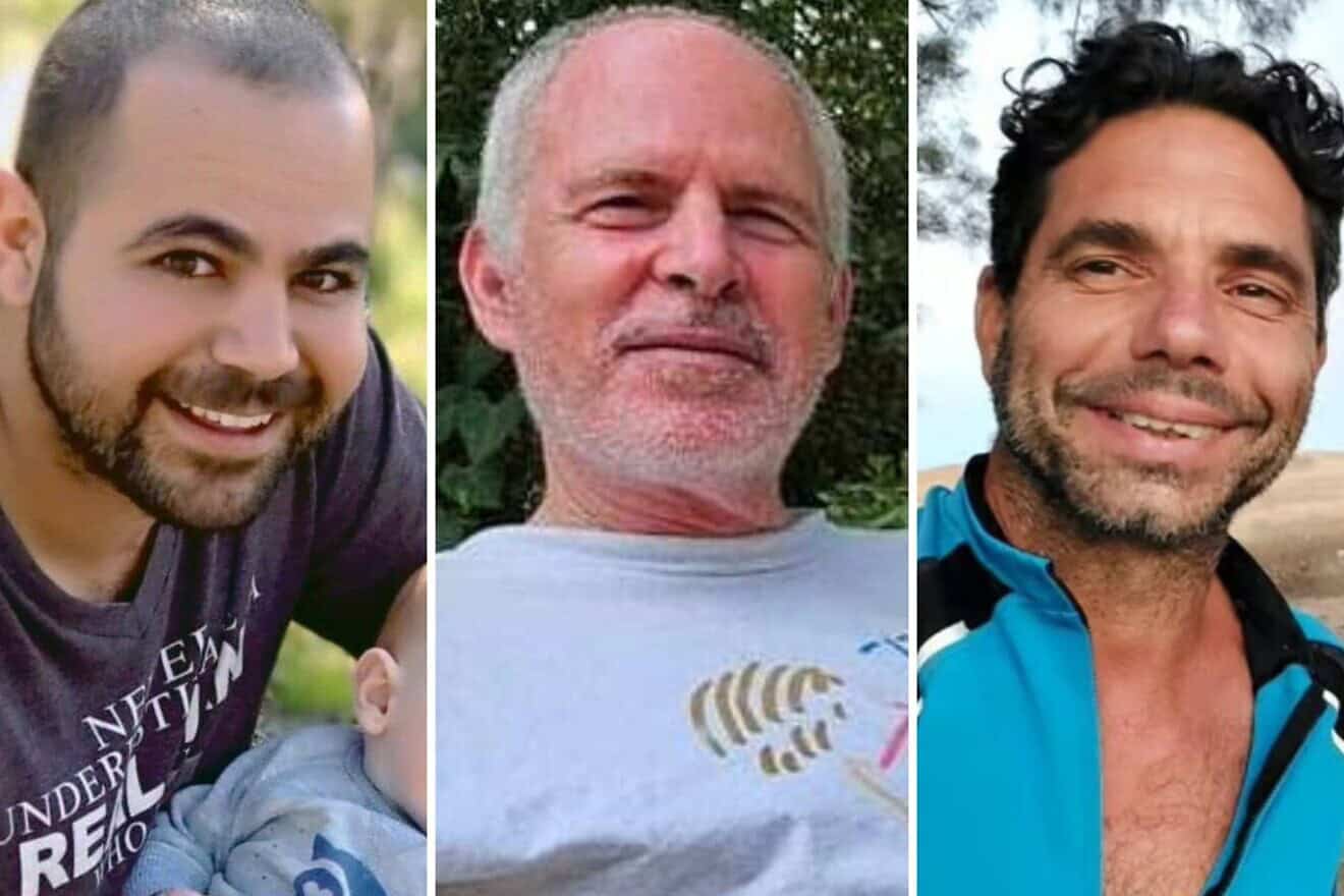 From left, Yarden Bibas, Keith Siegel and Ofer Kalderon are freed from Hamas captivity in Gaza, Feb. 1, 2025. Credit: Courtesy.