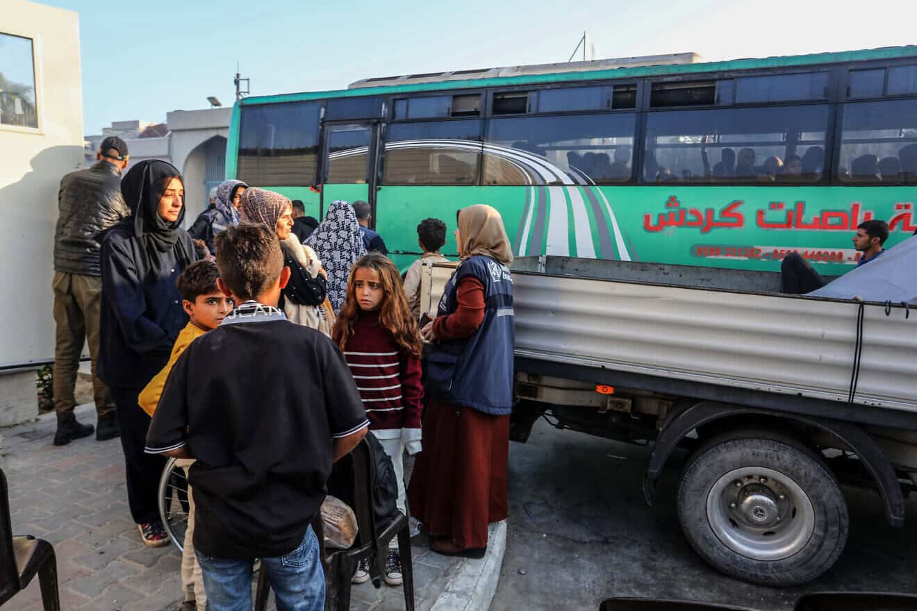 Members of the World Health Organization and the Palestinian Red Crescent moving Palestinian patients from the European Hospital in Khan Yunis, in the southern Gaza Strip, on Nov. 6, 2024. Photo by Abed Rahim Khatib/Flash90.