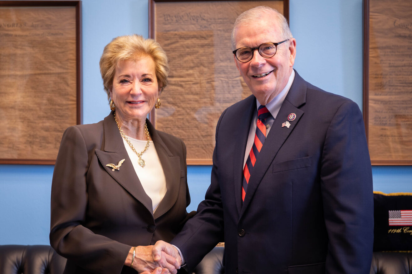 Rep. Tim Walberg (R-Mich.), chair of the House Education and the Workforce Committee, meets with Linda McMahon, U.S. President Donald Trump's nominee for U.S. education secretary, Feb. 25, 2025. Credit: House Education and the Workforce Committee.