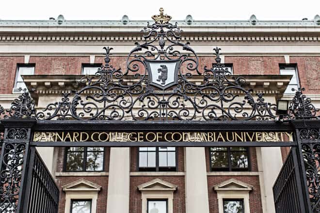 The front gate of Barnard College at 117 Street and Broadway in Manhattan, New York City. Credit: Courtesy of Barnard College.