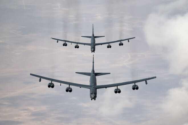 U.S. Air Force B-52 Stratofortresses fly in formation over the U.S. Central Command area of responsibility, Feb. 20, 2025. Credit: Staff Sgt. William Rio Rosado/U.S. Air Force Photo.