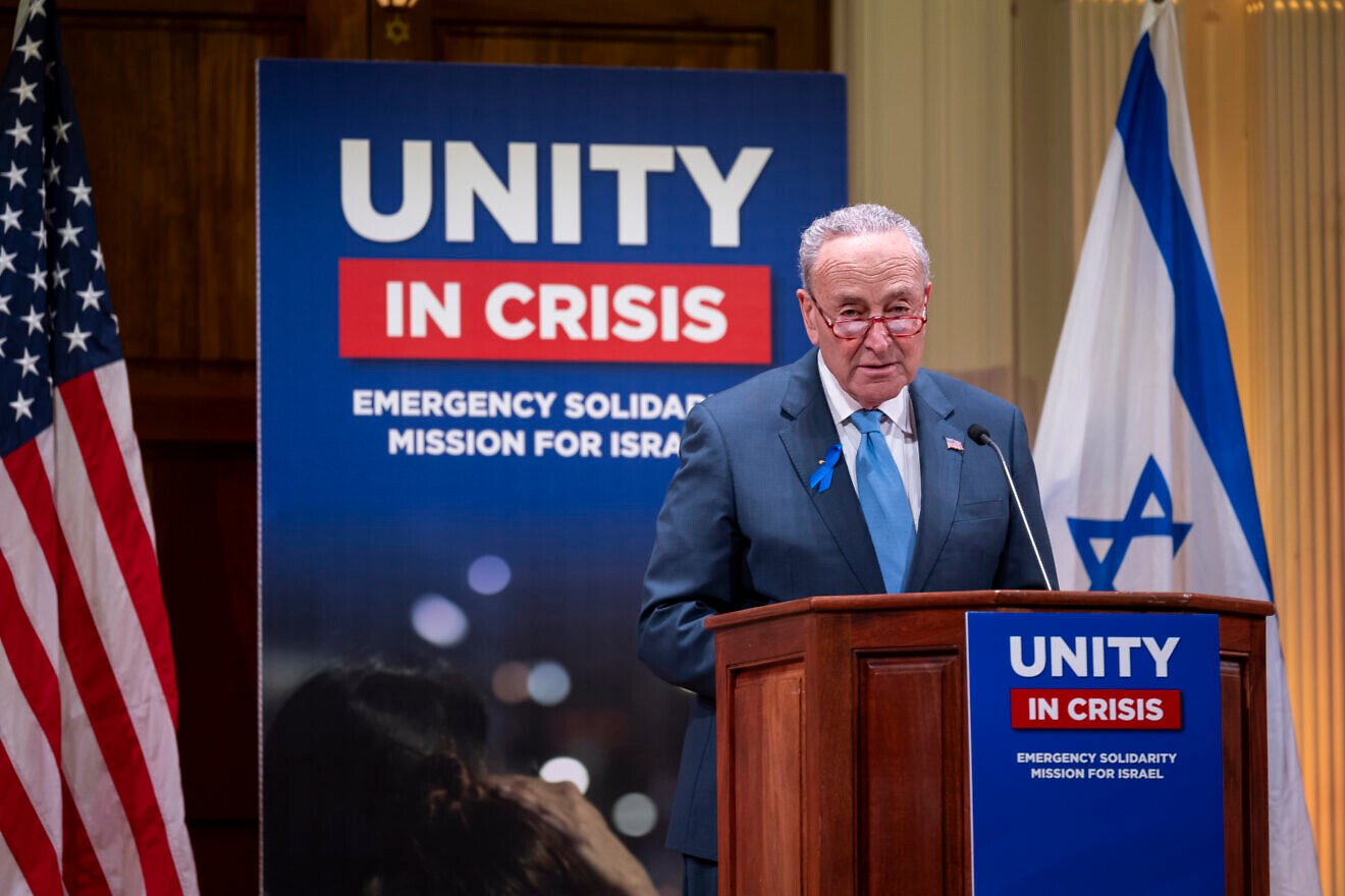 Senate Majority Leader Chuck Schumer (D-N.Y.) speaks at the Conference of Presidents of Major American Jewish Organizations gathering at Sixth & I synagogue, in Washington, D.C., Oct. 17, 2023. Credit: Tia Dufour/U.S. Department of Homeland Security.
