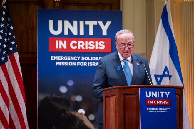 Senate Majority Leader Chuck Schumer (D-N.Y.) speaks at the Conference of Presidents of Major American Jewish Organizations gathering at Sixth & I synagogue, in Washington, D.C., Oct. 17, 2023. Credit: Tia Dufour/U.S. Department of Homeland Security.
