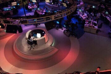 The Al Jazeera English newsroom at the broadcast center in Doha, Qatar. Credit: Paul Keller via Wikimedia Commons.