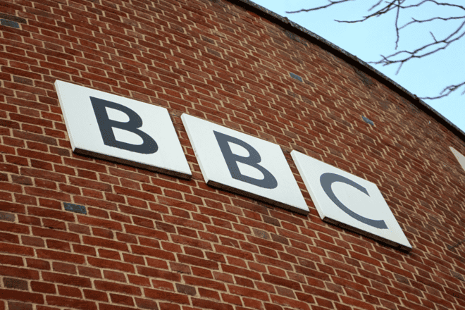 The BBC logo on the side of The Forum building in Norwich, Norfolk, in the United Kingdom, on Dec. 18, 2019. Credit: Sebastiandoe5 via Wikimedia Commons.