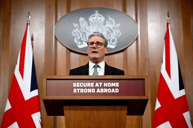 Britain's Prime Minister Keir Starmer delivers a speech on defense and security spending during a press conference at the Downing Street Briefing Room in central London, on Feb. 25, 2025. Photo by Leon Neal/POOL/AFP via Getty Images.