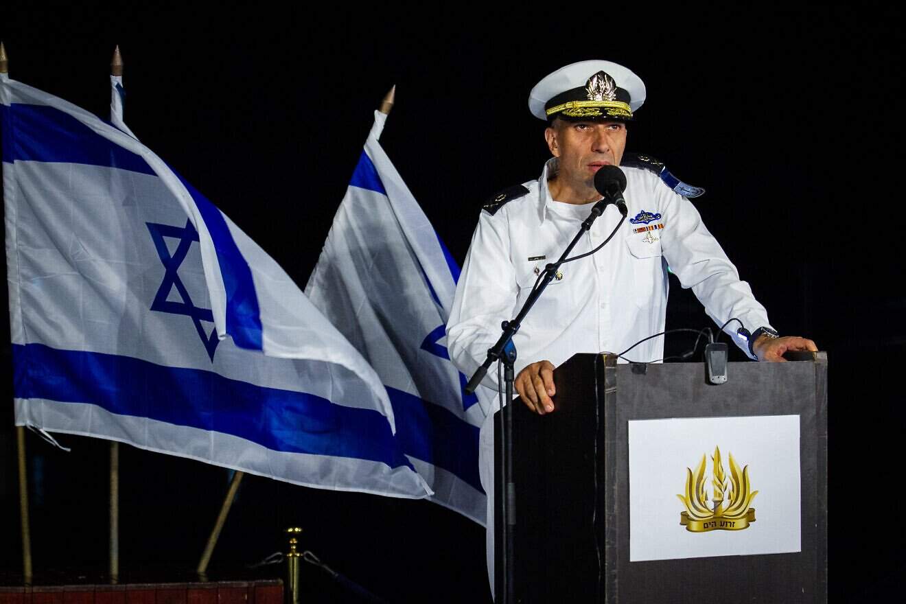 Then-commander of the Israeli Navy Vice Admiral Eli Sharvit speaks at a graduating ceremony for Navy officers in Haifa Naval Base on Sept. 4, 2019. Credit: Flash90.
