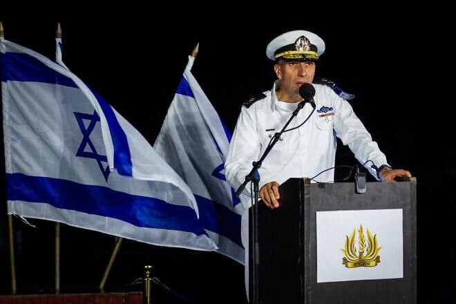 Then-commander of the Israeli Navy Vice Admiral Eli Sharvit speaks at a graduating ceremony for Navy officers in Haifa Naval Base on Sept. 4, 2019. Credit: Flash90.