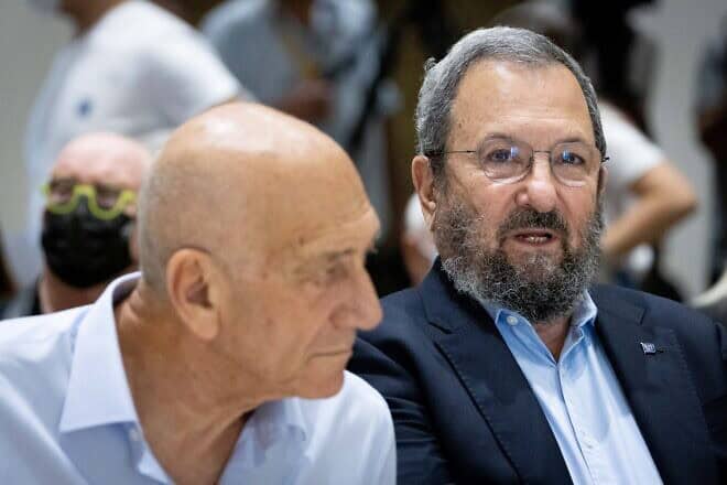 Former Israeli prime ministers Ehud Olmert and Ehud Barak attend a memorial ceremony to mark the 26th year of the assassination of former Israeli Prime Minister Yitzhak Rabin, Oct. 18, 2021. Photo by Yonatan Sindel/Flash90.