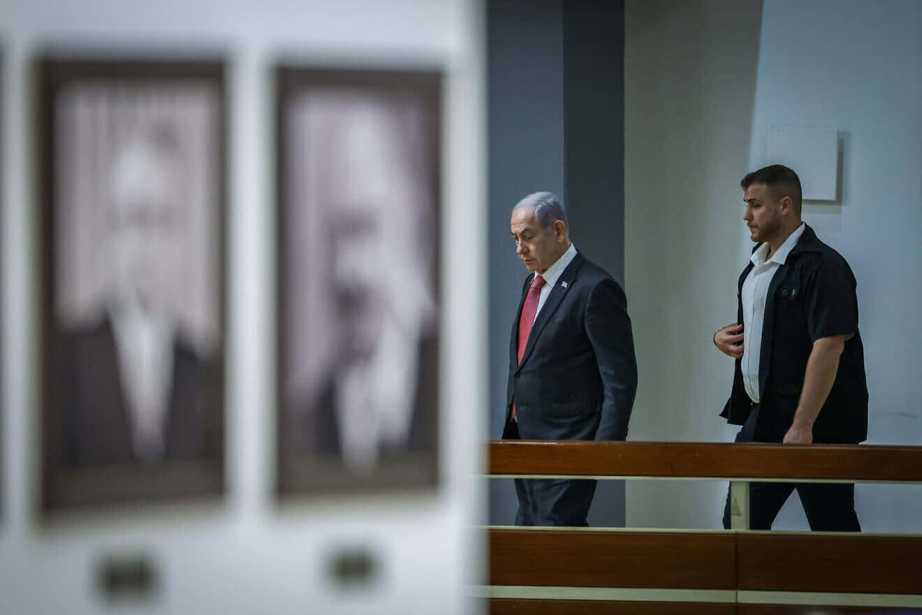 Israeli Prime Minister Benjamin Netanyahu walking outside his office at the Knesset on Nov. 11, 2024. Photo by Chaim Goldberg/Flash90.