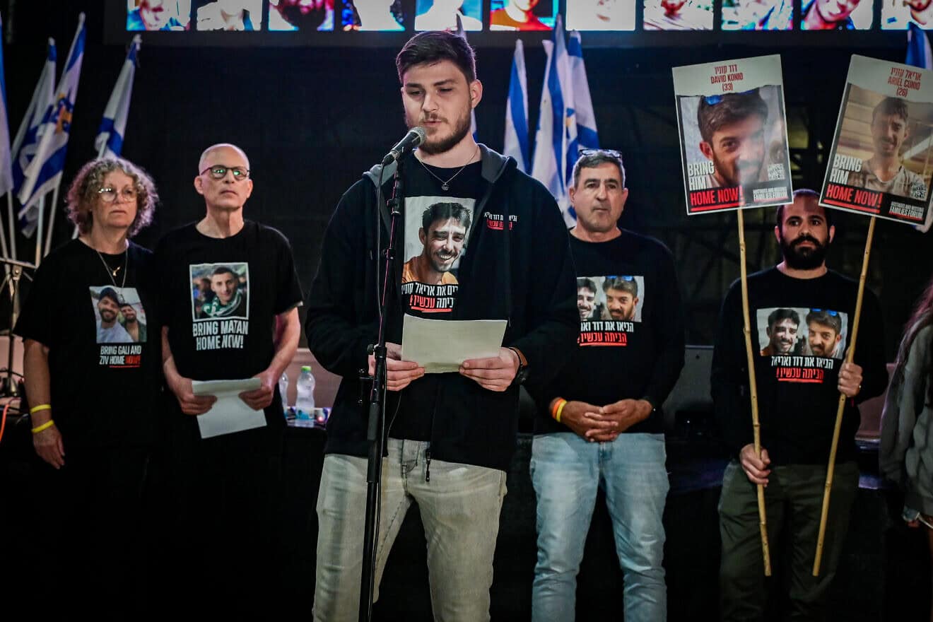 Former hostages, including Alexander "Sasha" Troufanov, hold a press conference at Hostage Square in Tel Aviv on March 18, 2025. Photo by Avshalom Sassoni/Flash90.