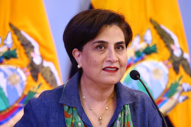 Ecuador's chancellor, Gabriela Sommerfeld, speaks during a press conference in Quito, on April 6, 2024. Photo by Franklin Jacome/Agencia Press South/Getty Images.