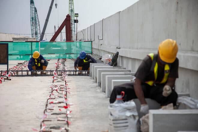 Workers work at the construction site of the Jakarta Light Rail Transport (LRT) Phase 1B in Jakarta on July 18, 2024. Photo by Aditya Irawan/AFP via Getty Images.