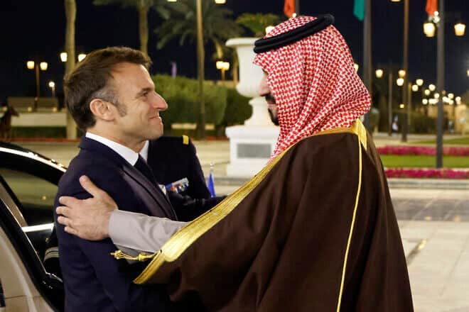 French President Emmanuel Macron is welcomed by Saudi's Crown Prince Mohammed bin Salman ahead of their meeting in Riyadh on Dec. 2, 2024. Photo by Ludovic Marin/POOL/AFP via Getty Images.