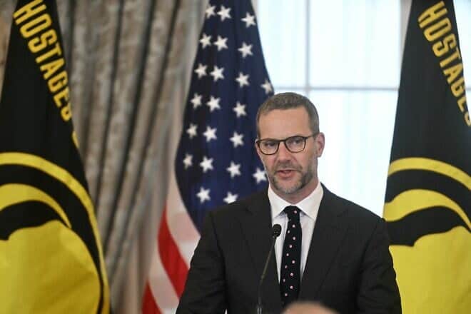 Adam Boehler, special envoy for hostage affairs, speaks during a U.S. hostage and wrongful detainee flag-raising ceremony at the State Department in Washington, D.C., on March 6, 2025. Photo by Jim Watson/AFP via Getty Images.