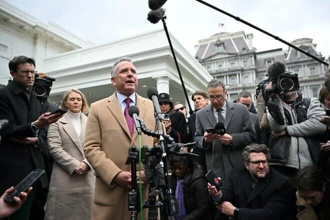 U.S. Middle East envoy Steve Witkoff speaks to reporters outside the West Wing of the White House, Washington, D.C., March 6, 2025. Photo by Mandel Ngan/AFP via Getty Images.