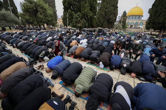 Muslim worshippers pray at the Temple Mount in Jerusalem's Old City during the first Friday prayers of Ramadan, on March 7, 2025. Photo by Ahmad Gharabli/AFP via Getty Images.