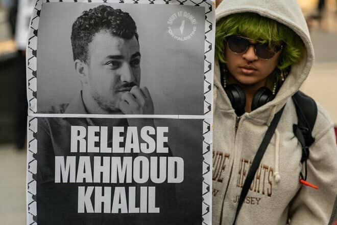 Protesters gather to demand the release of Mahmoud Khalil at Foley Square in New York City, on March 10, 2025. Photo by David Dee Delgado/Getty Images.
