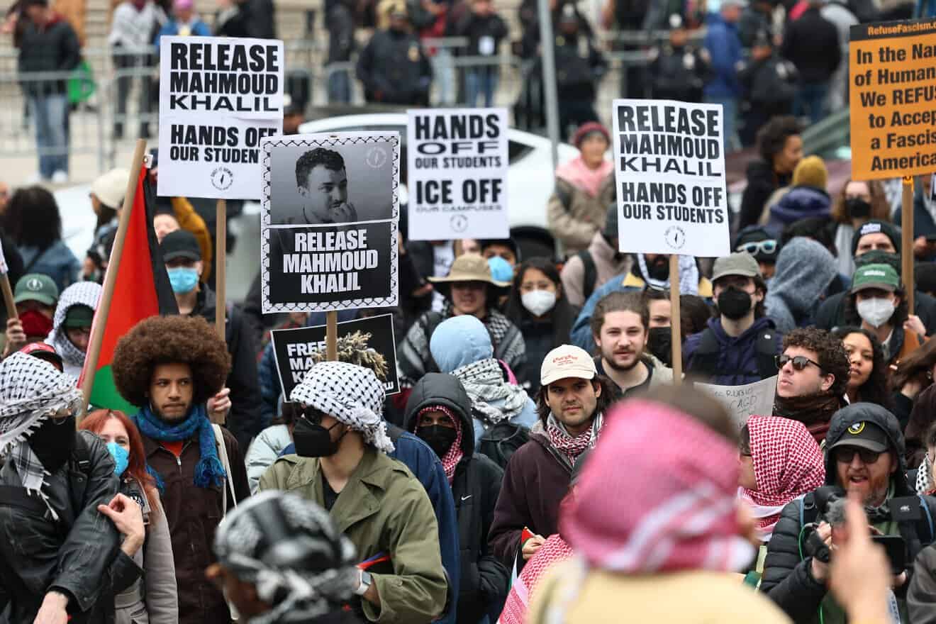 A protest against the arrest and detention of Mahmoud Khalil at Foley Square in New York City, on March 12, 2025. Photo by Michael M. Santiago/Getty Images.