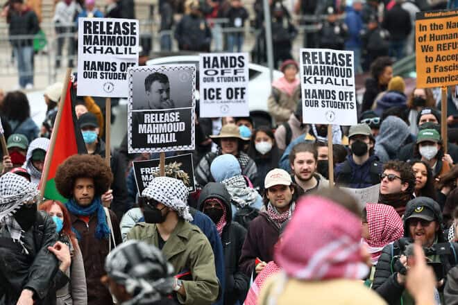 A protest against the arrest and detention of Mahmoud Khalil at Foley Square in New York City, on March 12, 2025. Photo by Michael M. Santiago/Getty Images.