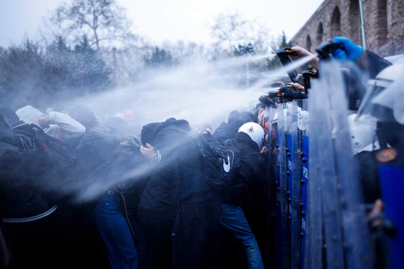 Turkish anti-riot police use pepper spray to disperse protesters during a rally in support of Istanbul's arrested mayor, March 23, 2025. Photo by Kemal Aslan/AFP via Getty Images.