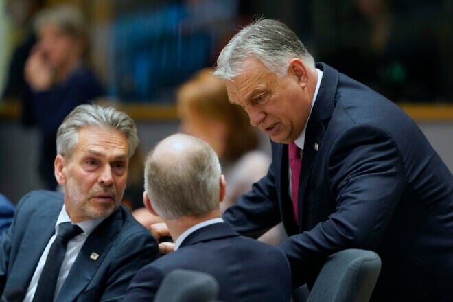 From left, Dick Schoof, prime minister of the Netherlands, Viktor Orban, prime minister of Hungary, and Luc Frieden, prime minister of Luxembourg, attend an European Council meeting in Brussels on March 20, 2025. Photo by Pier Marco Tacca/Getty Images.