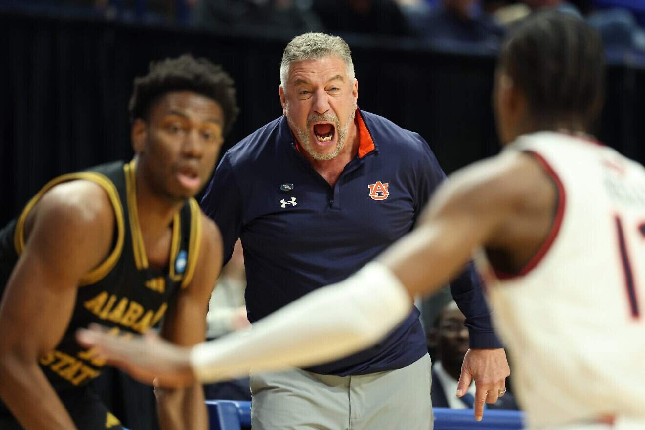 Auburn Tigers coach Bruce Pearl reacts during the second half against the Alabama State Hornets in the first round of the NCAA Men's Basketball Tournament, March 20, 2025. Photo by Andy Lyons/Getty Images.