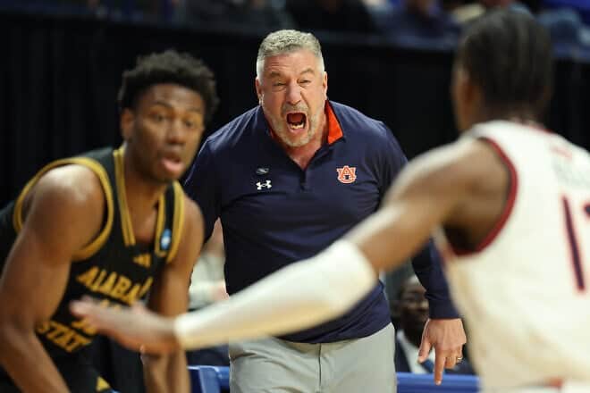Auburn Tigers coach Bruce Pearl reacts during the second half against the Alabama State Hornets in the first round of the NCAA Men's Basketball Tournament, March 20, 2025. Photo by Andy Lyons/Getty Images.