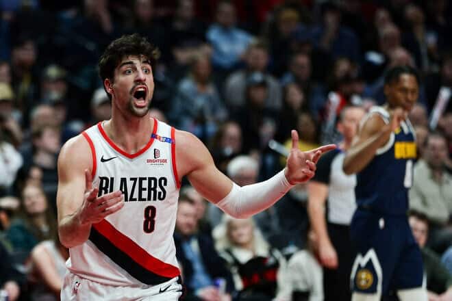 Deni Avdija #8 of the Portland Trail Blazers reacts during the second quarter of a game against the Denver Nuggets at the Moda Center on March 21, 2025 in Portland, Oregon. Photo by Rio Giancarlo/Getty Images.