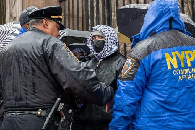 Police interact with demonstrators as they rally in support of Palestine and to protest the arrest and detention of Mahmoud Khalil, a green card holder who played a role in pro-Palestinian protests, outside of Columbia University on March 24, 2025 in New York City. Photo by Spencer Platt/Getty Images.