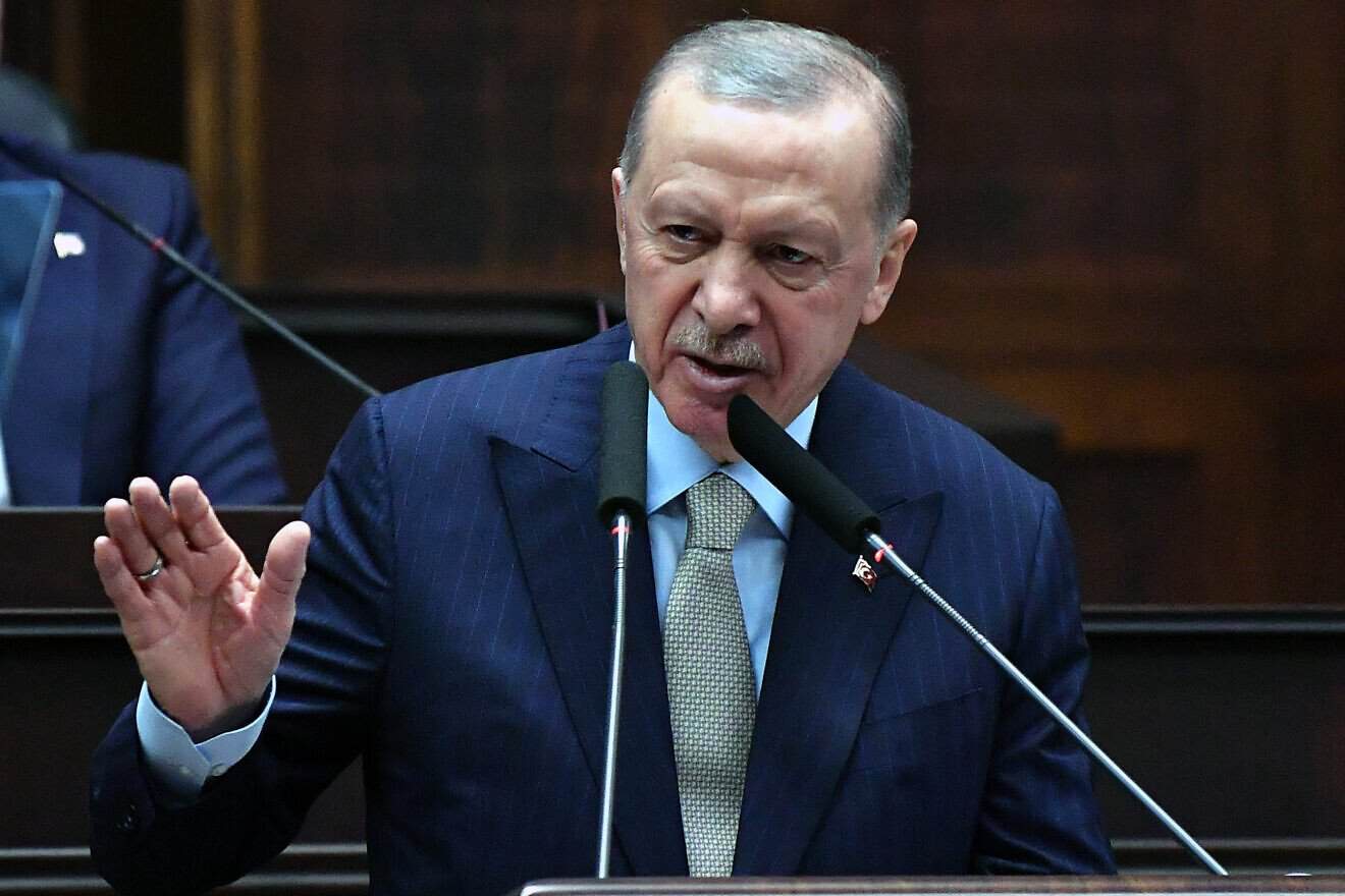 Turkish President Recep Tayyip Erdoğan delivers a speech at the AK Party's faction meeting, March 26, 2025. Photo by Ugur Yildirim/Dia Images via Getty Images.