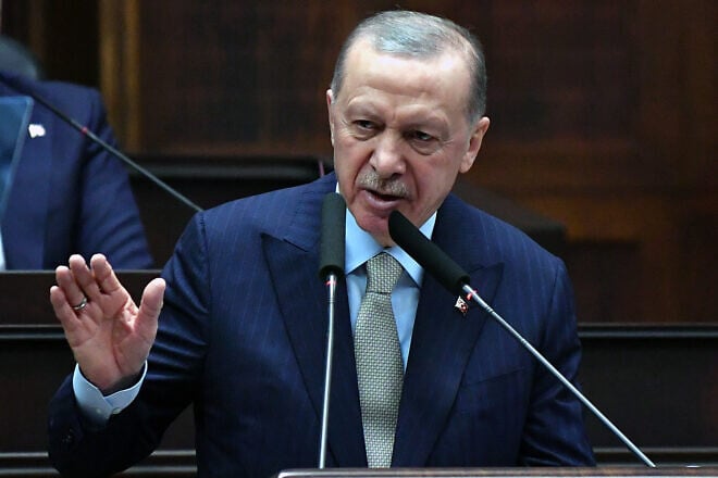 Turkish President Recep Tayyip Erdoğan delivers a speech at the AK Party's faction meeting, March 26, 2025. Photo by Ugur Yildirim/Dia Images via Getty Images.