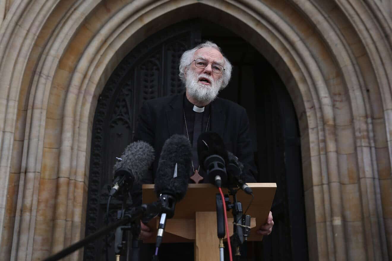 Former Archbishop of Canterbury Rowan Williams speaks to the media outside Croydon Minster, on Oct. 17, 2016. Photo by Dan Kitwood/Getty Images.