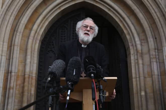 Former Archbishop of Canterbury Rowan Williams speaks to the media outside Croydon Minster, on Oct. 17, 2016. Photo by Dan Kitwood/Getty Images.