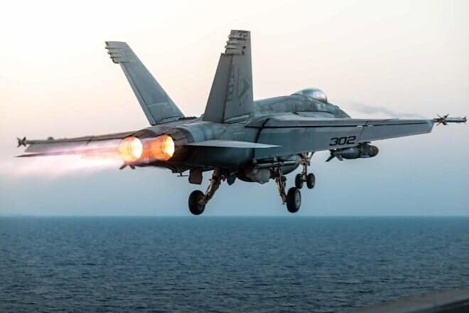 A U.S. fighter jet lifts off from the USS Harry S. Truman aircraft carrier for operations in the U.S. Central Command area of responsibility. Source: @CENTCOM/X.