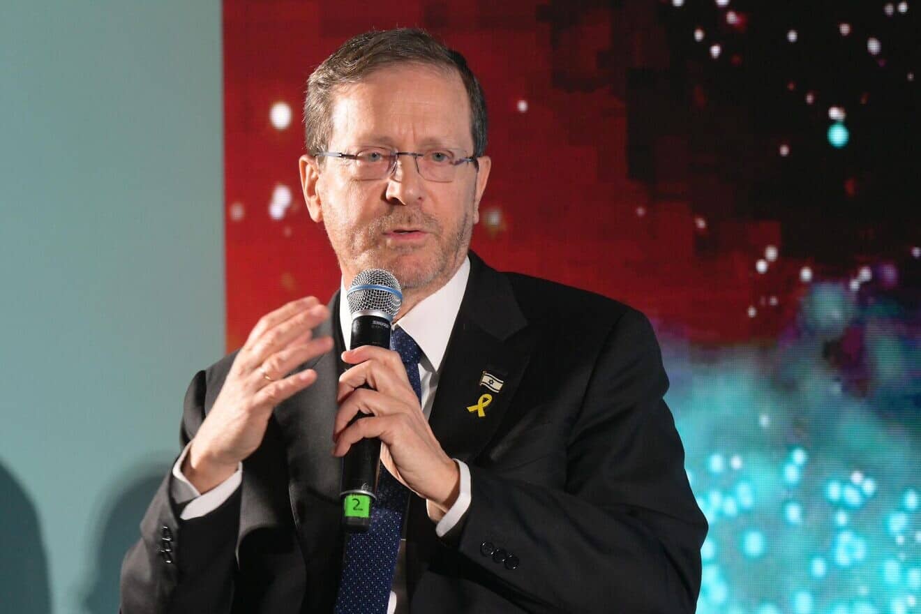 President Isaac Herzog addresses the inaugural Voice of the People Conference in Haifa on March 5, 2025. Photo by Amos Ben Gershom/GPO.