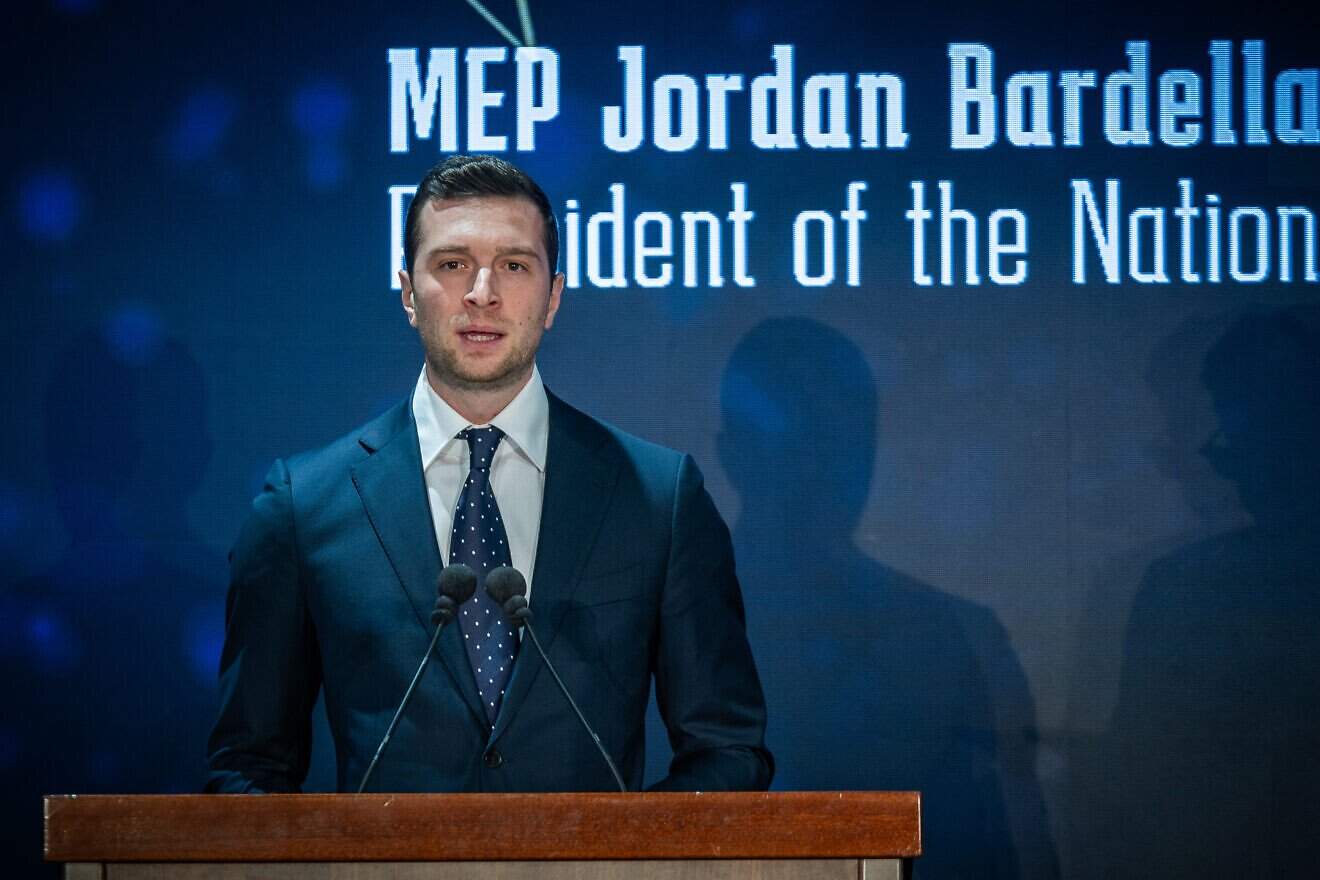 France's National Rally leader Jordan Bardella attends a conference organized by the Ministry of Diaspora Affairs and Combating Antisemitism, at the International Convention Center in Jerusalem on March 27, 2025. Photo by Yonatan Sindel/Flash90.