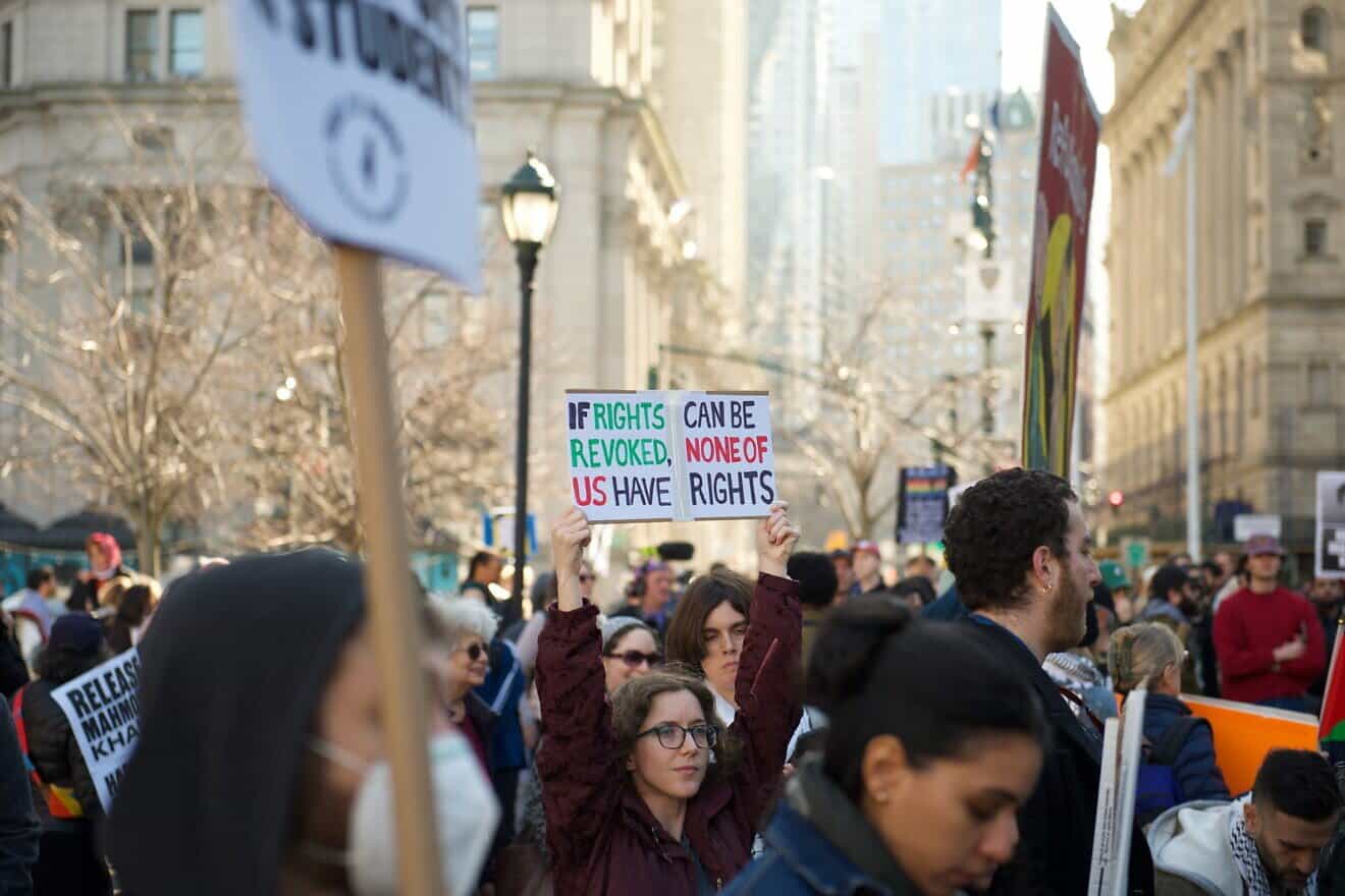 Protests in New York City against the detention of Columbia University graduate student and anti-Israel activist Mahmoud Khalil on March 10, 2025. Credit: SWinxy via Wikimedia Commons.