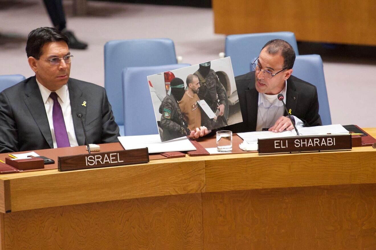 Eli Sharabi sharing testimony of his captivity in Gaza to the United Nations Security Council, March 20, 2025. Credit: Perry Bindelglass/Israeli mission to the United Nations.