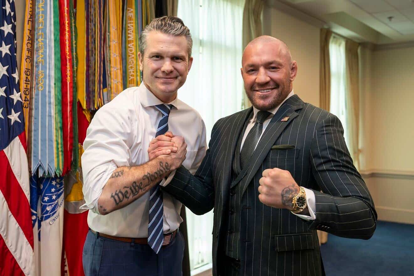 U.S. Secretary of Defense Pete Hegseth (left) with Conor McGregor at the Pentagon, Washington, D.C., March 17, 2025. Credit: U.S. Navy Petty Officer 1st Class Alexander Kubitza/DOD photo via Wikimedia Commons.